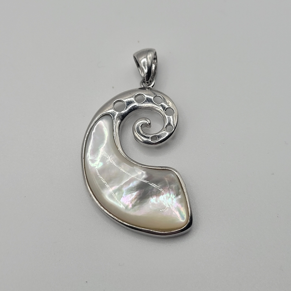 925 Sterling Silver Mother of Pearl Spiral Pendant Open Back No Chain Womens